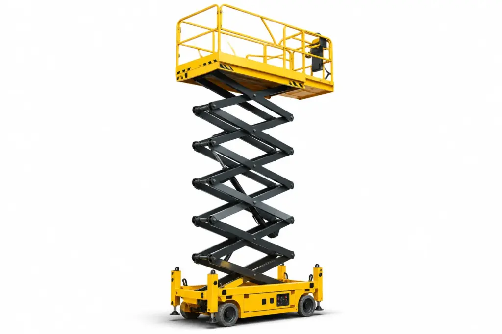 Yellow mobile scissor lift raised on outriggers against a white background